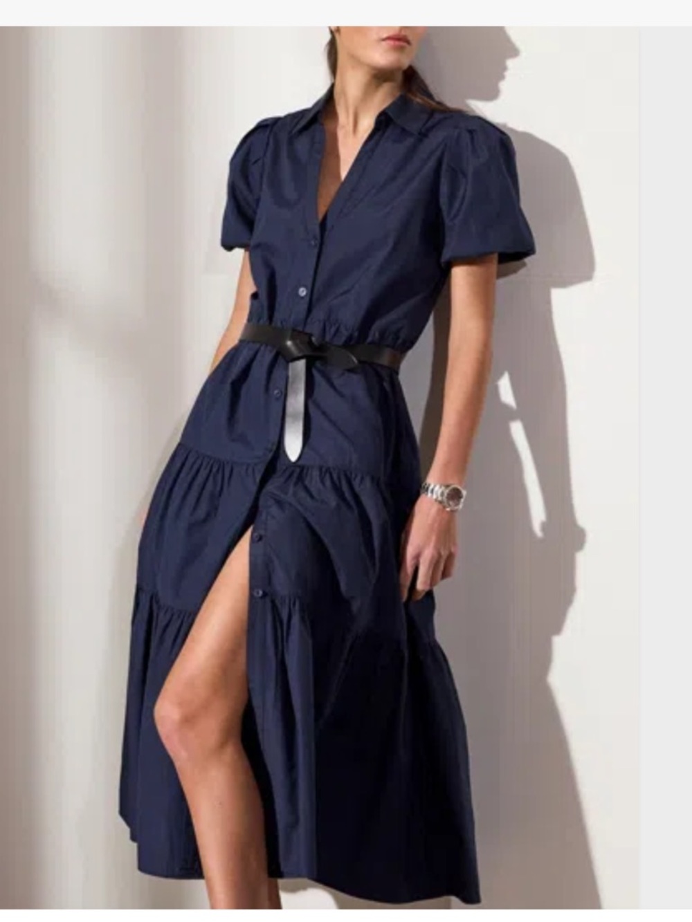 Brochu Walker Navy Button-Front Maxi Dress with Puff Sleeves